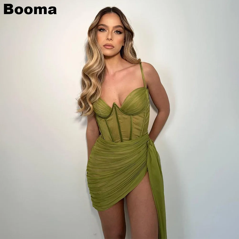 

Booma Green Sexy Mini Mermaid Prom Dresses Spaghetti Strap Boning Corset Pleat Evening Gowns Party Events Dresses Club Wear