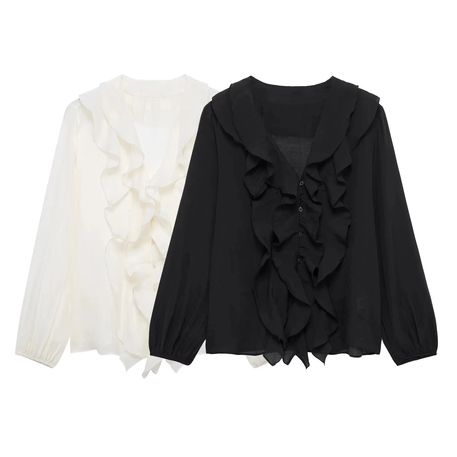 HH Damen Elegante Dünne Einfarbige Sommer-Bluse mit Rüschen, V-Ausschnitt und Puffärmeln, Lässige Damenbluse für Frühling 2026 und Abschlussfeier – Detail 2