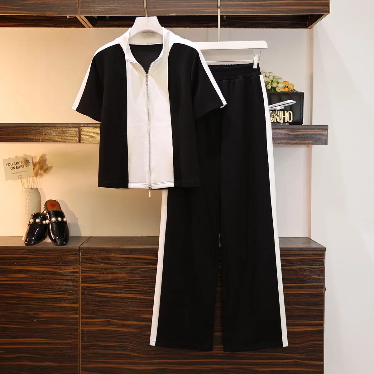

Women Plus Size Black White Suit Shirt Jacket Top And Wide Leg Pant Two Piece Set Matching Outfit Tracketsuit Summer Clothing