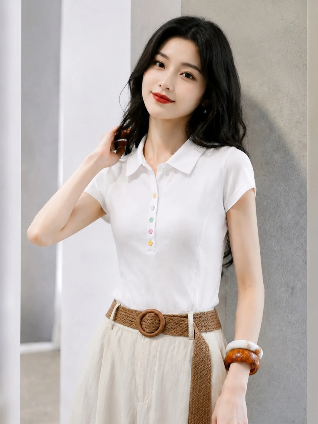 Slim Fit Short Sleeve  Neck T-Shirt Commute Style Versatile Summer Fashion Korean Version Straight Cut Basic Design