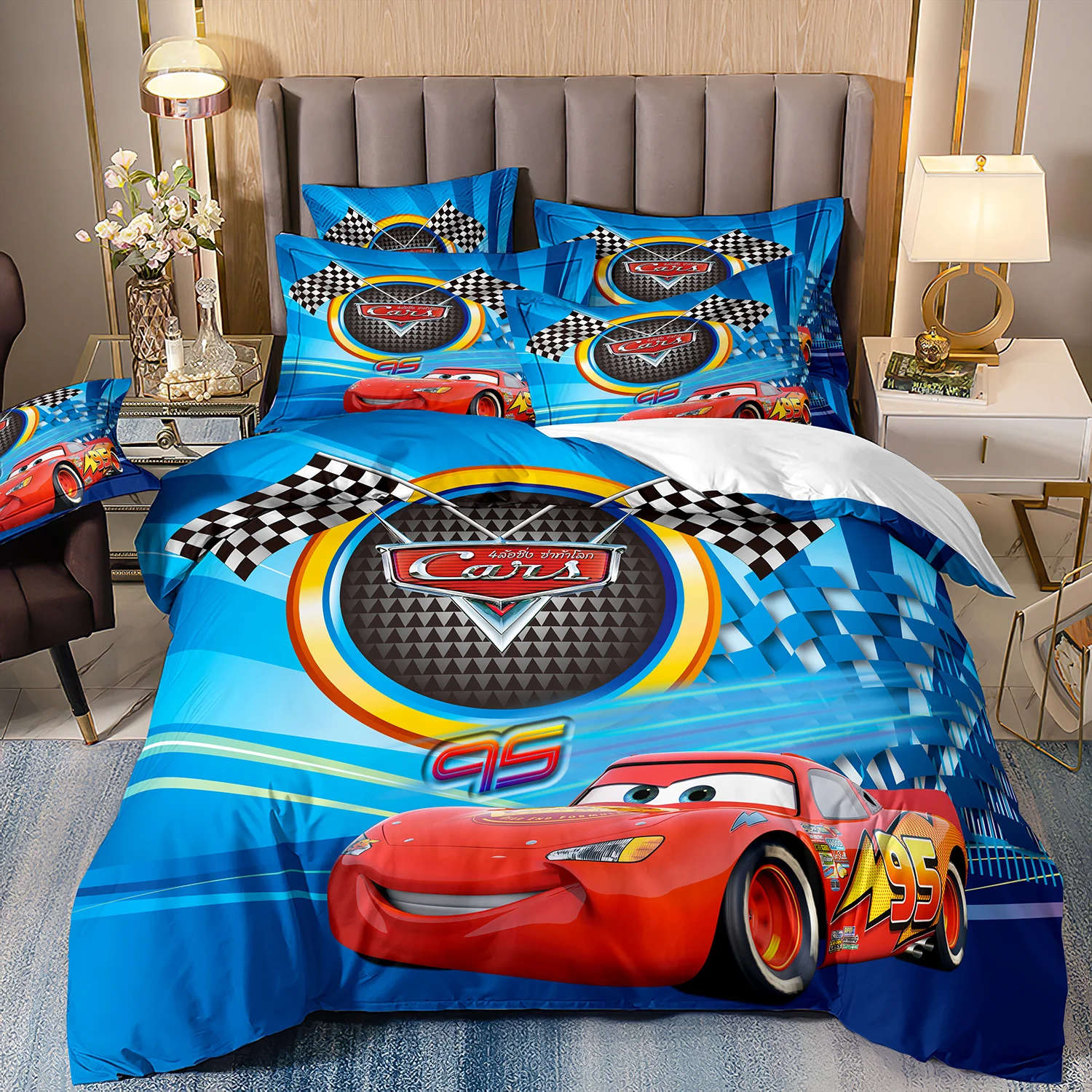 

Cars Lightning McQueen Bedding Sets,Teenagers boys 3D Print Duvet Cover and Pillowcases Children Quilt Cover Red Cars motifs