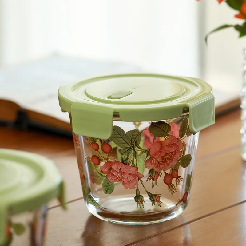 Glass Preservation Bowl 600ml French Flower Retro Round Sealed Food Sub-box Refrigerator Storage Container with Lid Scale Bowl