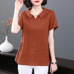 Women's 2024 Summer New Fashion Solid Color Doll Neck Pure Cotton Short Sleeved Shirts Pullover Commute T-shirt Large Loose Tops