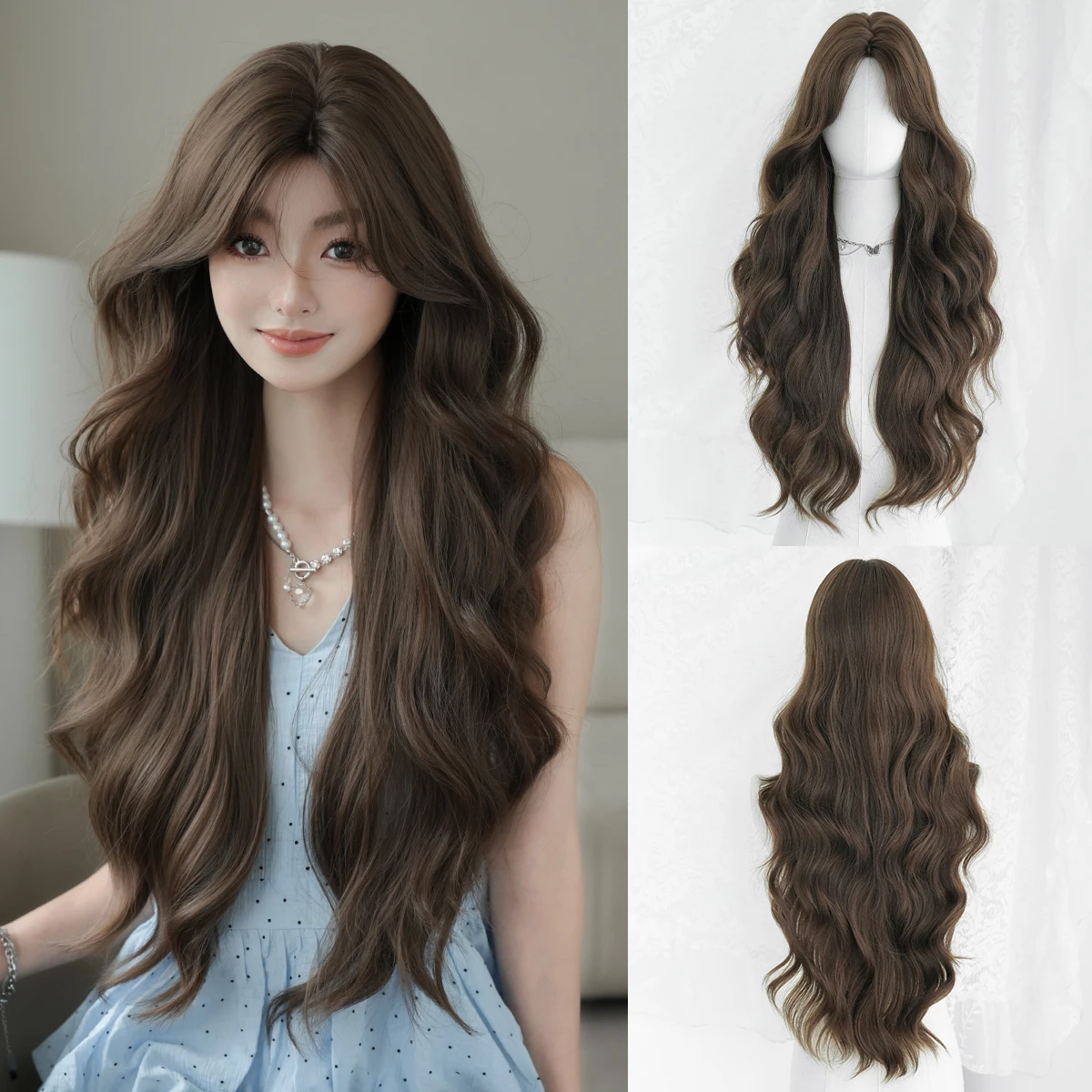 7JHH WIGS Lange Wasserwellen-Perücke in Kühlem Braun für Frauen, Synthetische Modische Perücke mit Mittelteil und Vorhangfransen