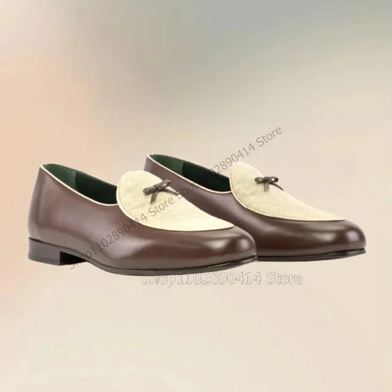 

Bow Knot Decor Brown Beige Matte Leather Loafers Fashion Slip On Men Shoes Luxury Handmade Party Banquet Office Men Dress Shoes