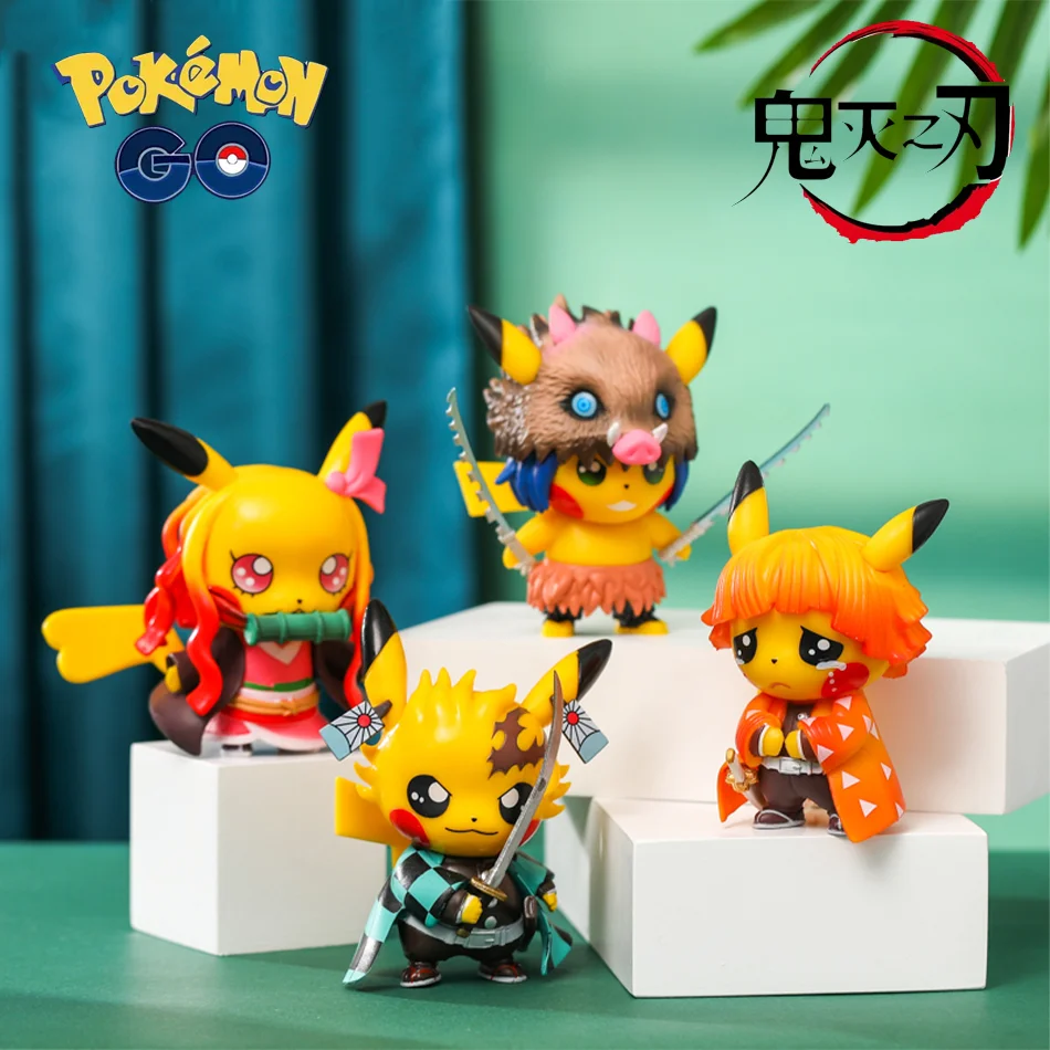 

4pcs Anime Figures Set - Pikachu Cosplay with Demon Slayer Characters - PVC Collection Toys for Kids Birthday Gift