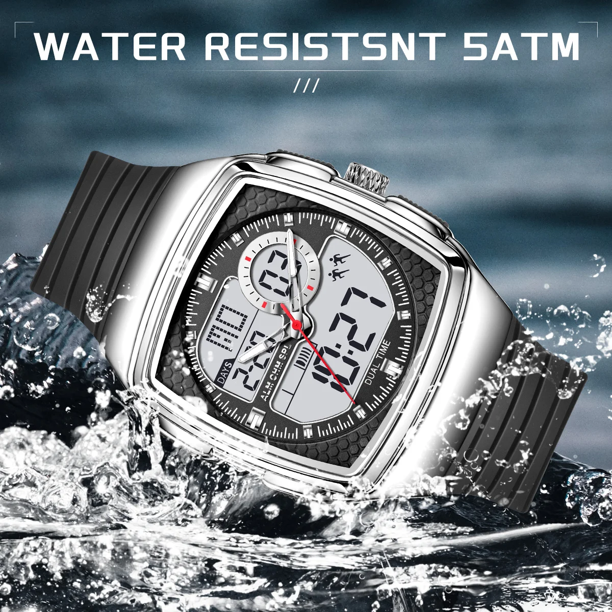LIGE Fashion Quartz Watch Luxury LED Luminous Dual Display Military Sports Mens Watch Waterproof Chronograph Silicone Man Watch