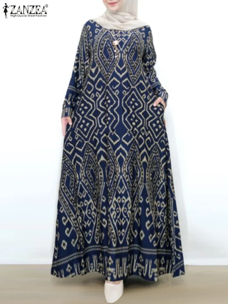 ZANZEA Elegant Women Long Sleeve Muslim Abaya Dubai Sundress Robe Femme Bohemain Printed Maxi Long Dress IsIamic Vestidos Kaftan