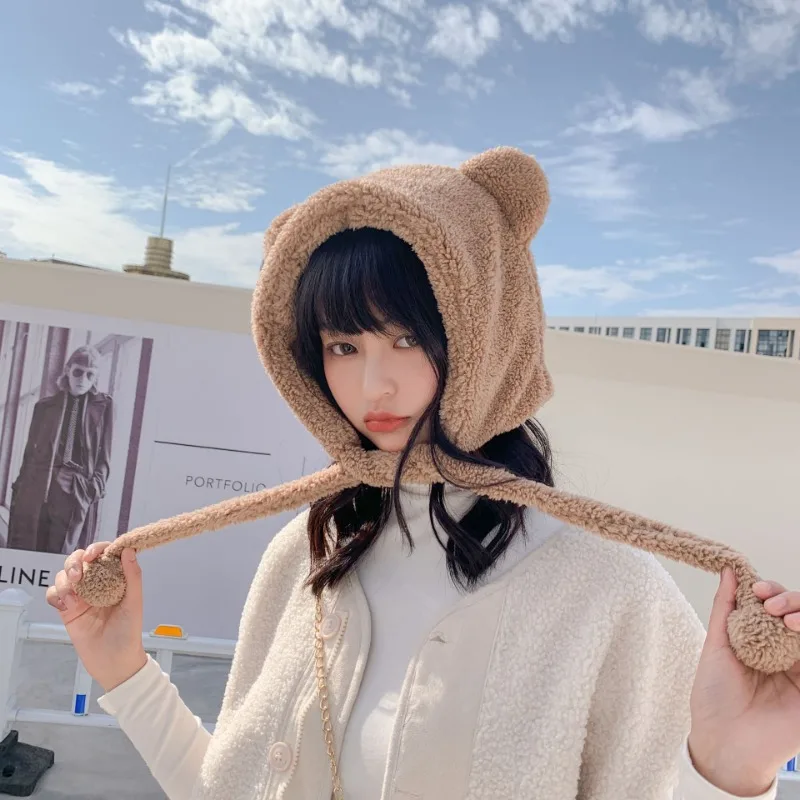 Cute Plush Bear Ears Beanies Women Autumn Winter Warm Hat Earflap Earmuff Windproof Cap Thicken Wool Outdoor Solid Fleece Hats