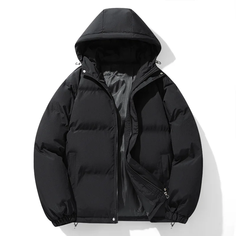 Classic Men's Winter Jacket with Hood Thick Quilted Padding Solid Color Zip Up Warm Casual Outdoor Cold Weather Puffer Jacket