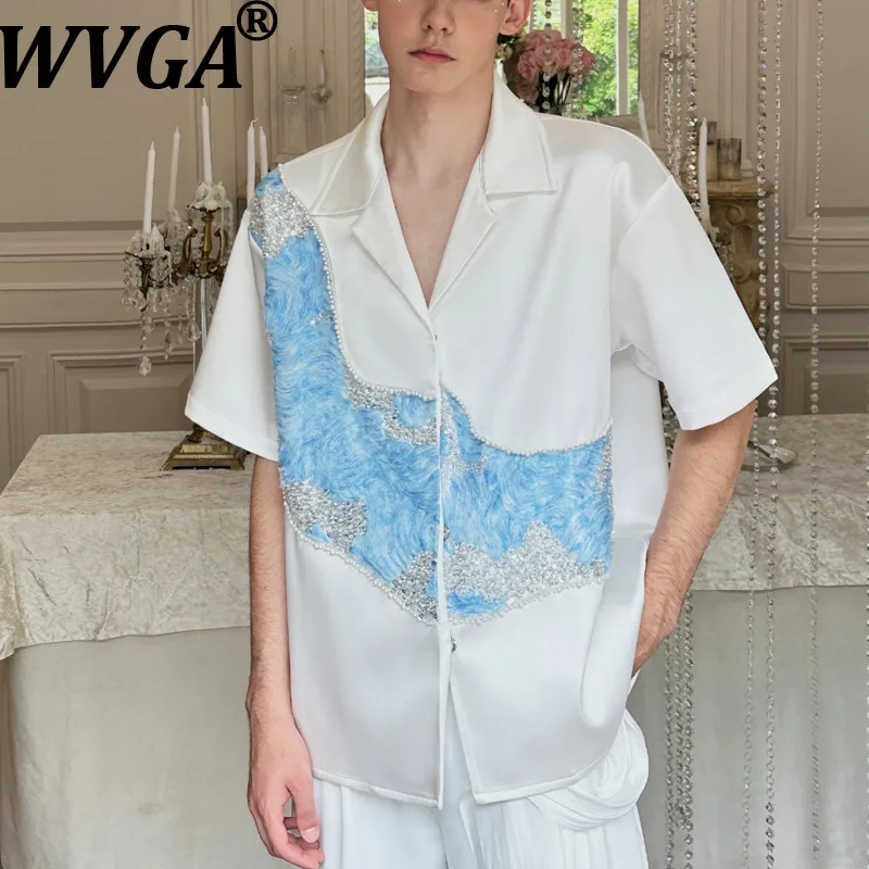 WVGA Summer New Men's Tide Beaded Sequin High-End Trendy Short Sleeve Shirt Niche Chic Casual Satin Turn-Down Collar Tops W17987