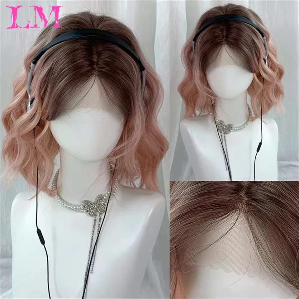 LM  Synthetic Wig Lolita Forehead Lace Wolf Tail Short Curly Hair Pink Layering Daily Fluffy Wig Full Head Unisex Daily Hallo ﻿
