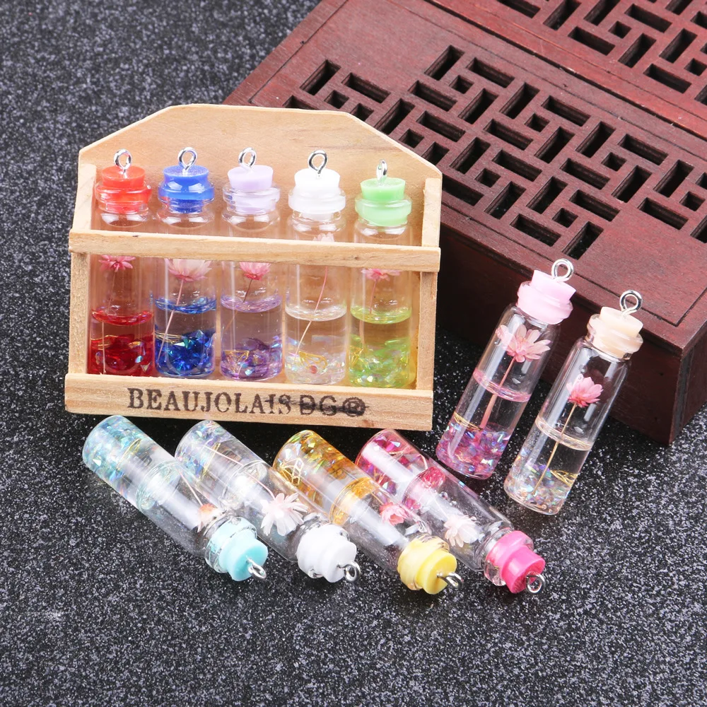 10pcs Wishing Drifting Bottle Pendant Colorful Dried Eternal Flower Glass Charms Jewelry Making DIY Necklace Earring Accessories