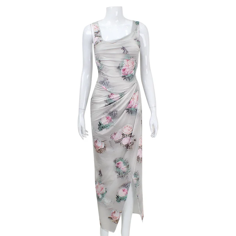 2025INS نمط المرأة الأوروبية والأمريكية موضة ساحة الرقبة المطبوعة سبليت سترة علوية Ruched حفلة الساخن فتاة تنورة مجموعة