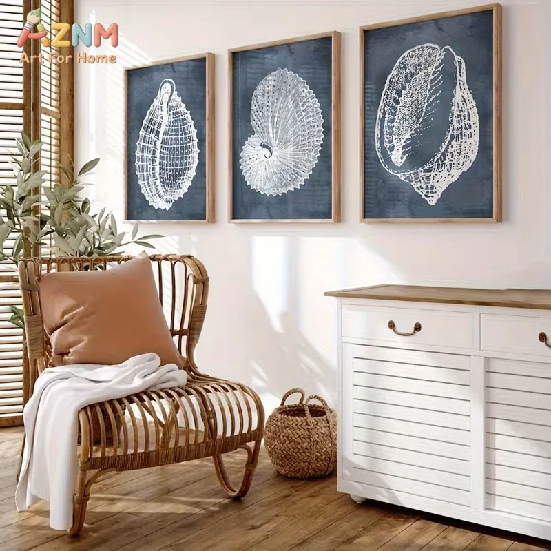 3PCS Navy Blue White Seashell Canvas Prints Set Coastal Ocean Shell Sketch Wall Art Posters for Living Room Bedroom Beach House