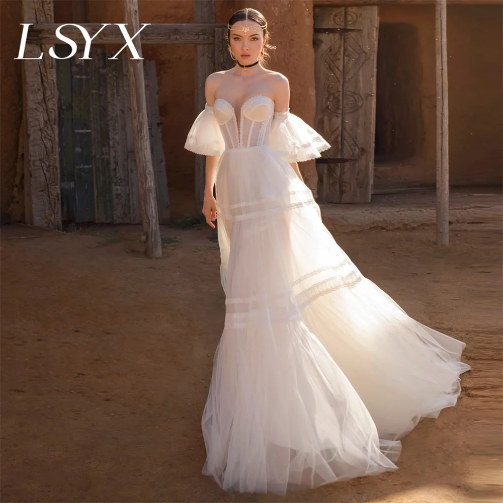 LSYX Customized Boho Off-Shoulder Tulle Detachable Sleeves A-Line Deep V-Neck Wedding Dress Illusion Lace Up Back Bridal Gown