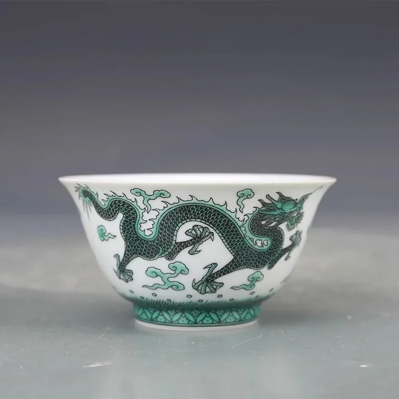 Chinese Blue and White Porcelain Teacup Cup Jingdezhen Green Dragon Pattern 3.5