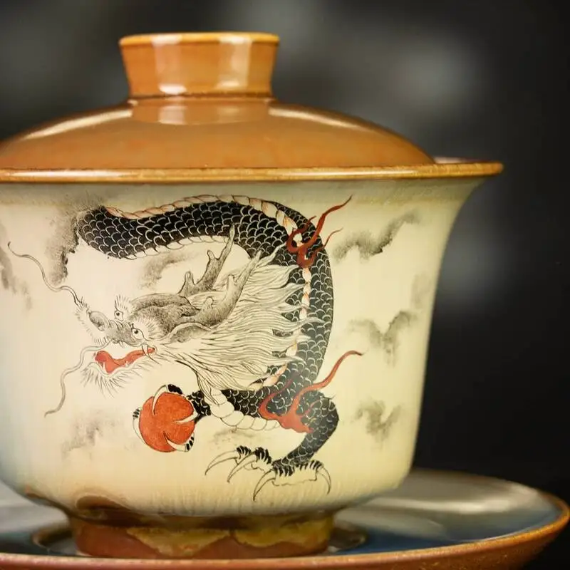 Firewood-Fired Kiln Turned Into Hand-Painted Dragon-Patterned Large Gaiwan, Jingdezhen Kung Fu Set, Ceramic Three-Piece Gaiwan