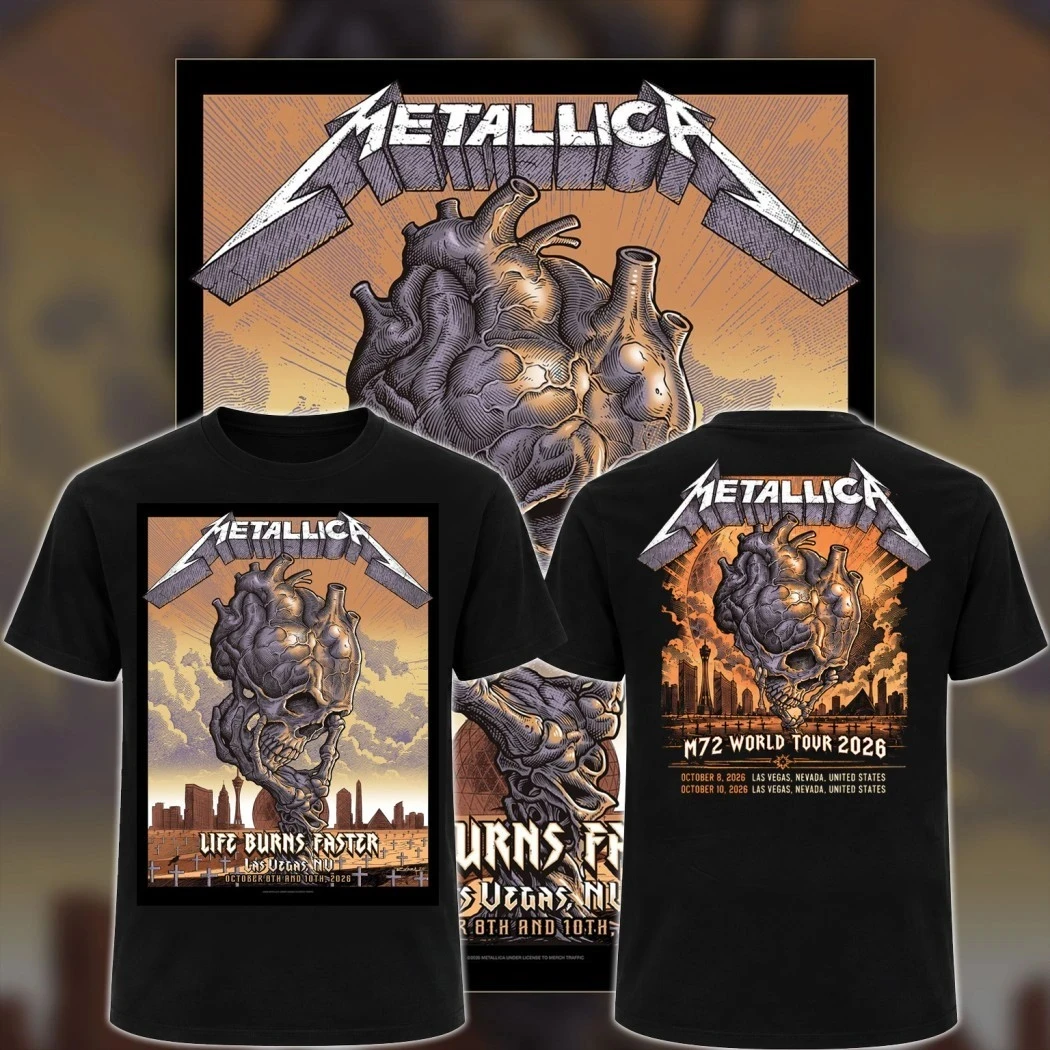 Metallica M72 Las Vegas World Tour 2026 T-Shirt Life Burns Faster Skull Heart Graphic Double Sided Print Unisex Heavy Metal Rock