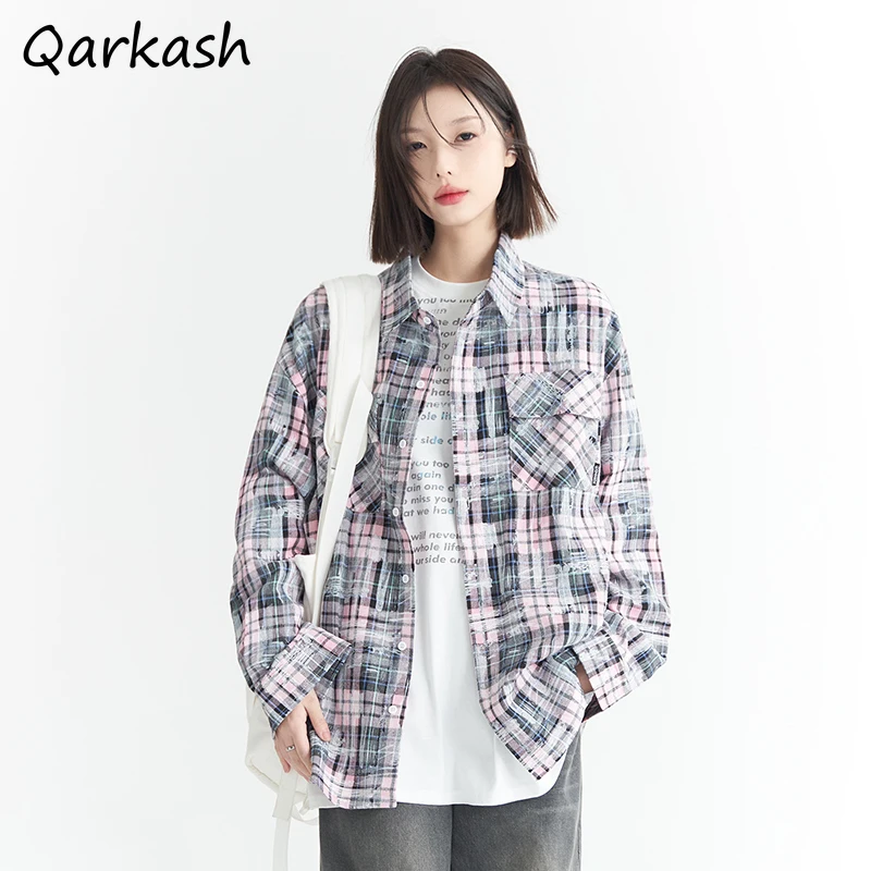 

Shirts Women Ulzzang Fashion Leisure Baggy Prevalent Hipster Aesthetic Long Sleeve Plaid Buttons Pocket Turn Down Collar OL Tops