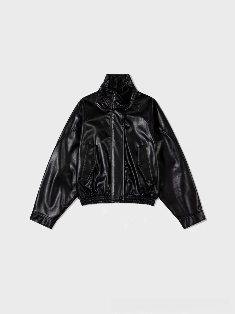 Loose Casual Bla PU Leather Jaet ort Sle Stand Collar Zipper Closure Women's Autumn Winter Faion Outerwear Coat