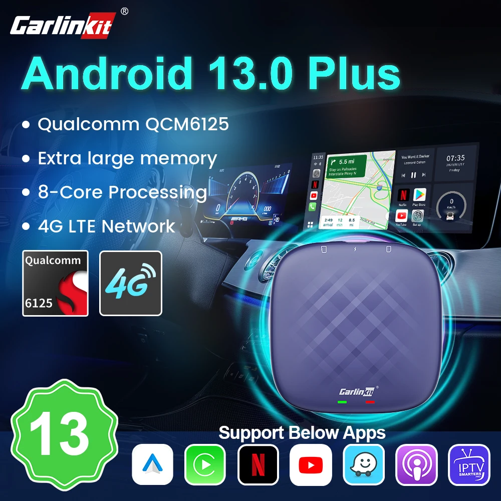 CarlinKit Android 13 TV Box Wireless Android Auto CarPlay Adapter QCM6125 6225 8-Core Online Update Play Video 2.4G&5Ghz WiFi BT