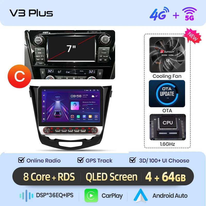 Junsun 13.1″ QLED Draadloze CarPlay Android Auto Autoradio Voor Nissan Qashqai 2 X-Trail T32 2013-2017 Intelligente Systemen DSP SWC