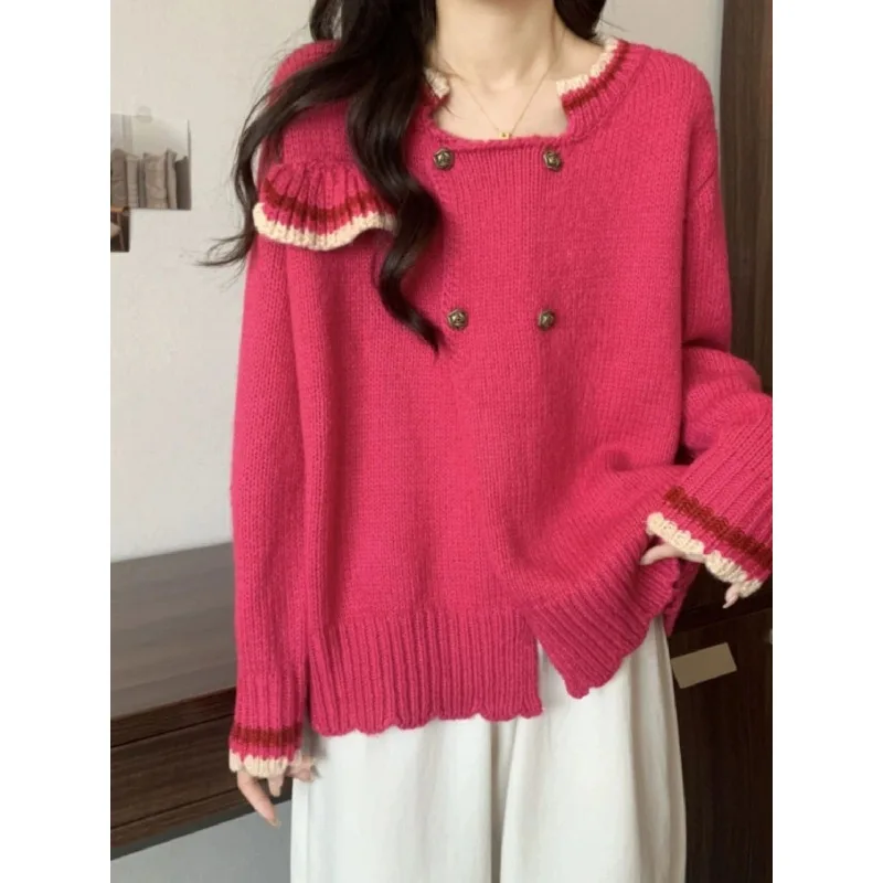 EBAIHUI Rose Red Double Breasted Women's Knitted Cardigan Chic Round Neck Ladies Solid Color Top Korean Casual Outerwear