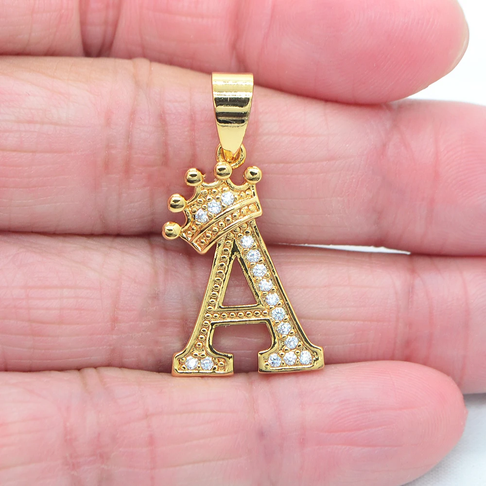 High Quality Gold Color Clear Cubic Zirconia Fashion Alphabet Letters Small Crown Pendant Jewelry