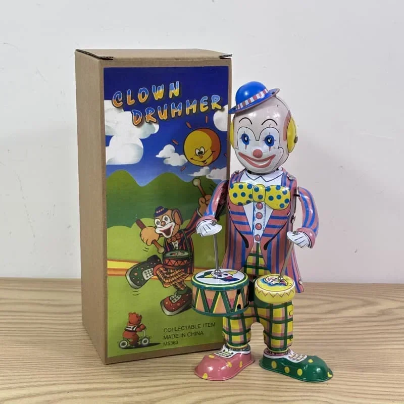 [Divertente] Collezione classica Orologio retrò Carica metallo Giocattolo di latta da passeggio Tamburo Clown batterista Robot Giocattoli meccanici regalo per bambini