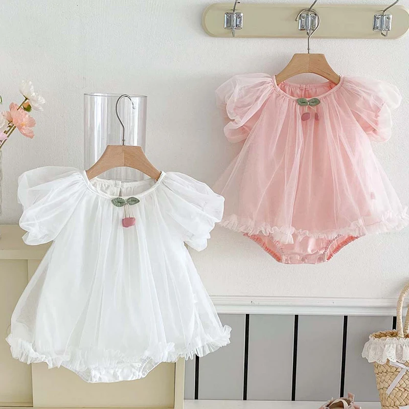 2025 New Summer Newborn Baby Girls Romper Short Sleeved Cotton Mesh Splicing Korean Style Climbing Suit 0-24M Baby Clothing