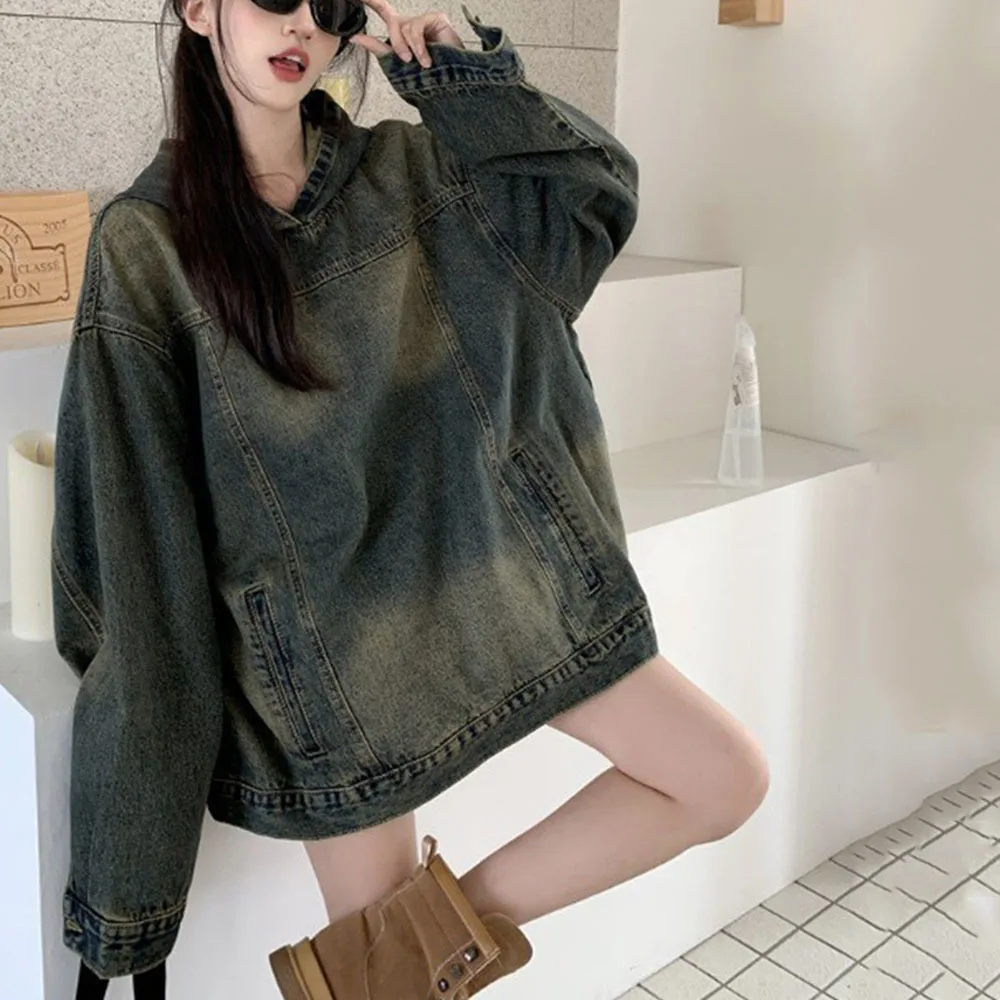 Women Sweatshirt Vintage Washed Denim Pullovers Mid-length Loose Long Sleeve Hoodeds Jacket Casual Oversized Hoodie Sweatshirts