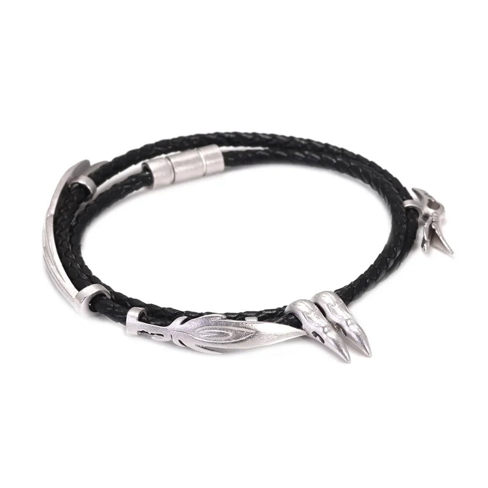 

925 Silver Vintage Wax Rope Bracelet Magnetic Clasp LOL XAYAH RAKAN Multi Layers Feather Leaf Couple Jewelry