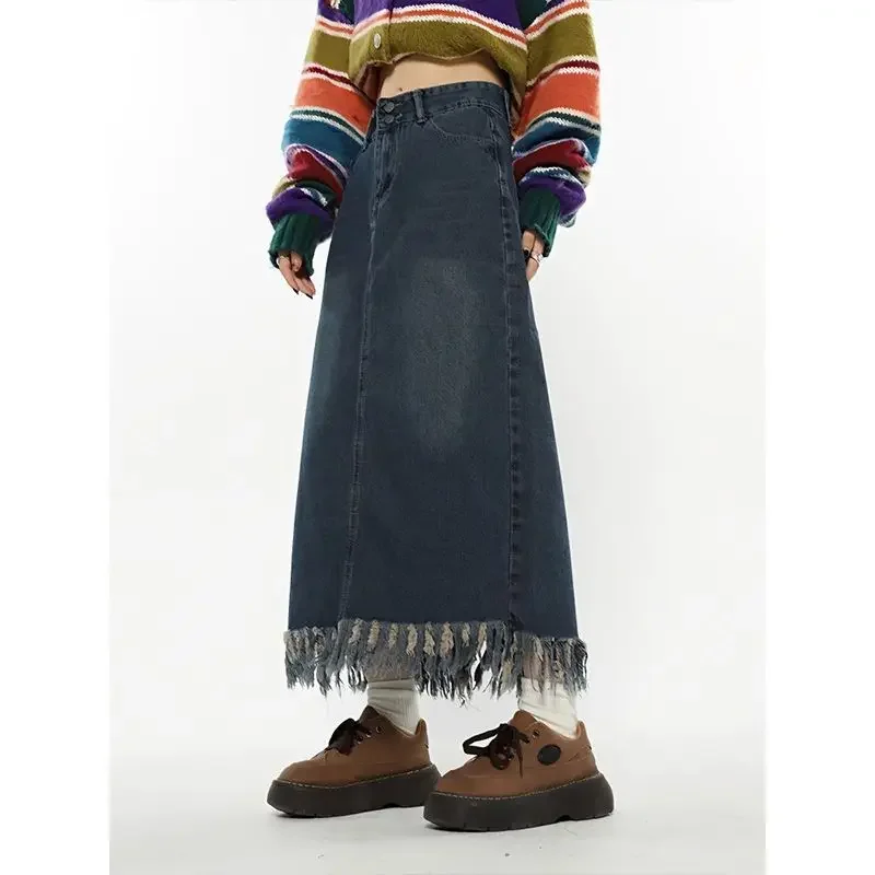 

American Vintage Y2k Girl High Street Chic Tassels Denim Skirt High Waist A-line Jeans Long Skirts for Women Streetwear Clothes