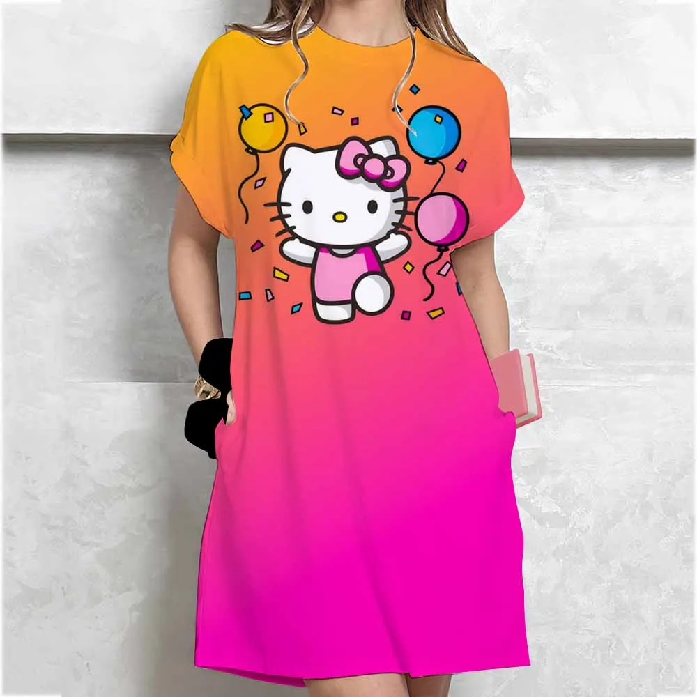 ชุดเดรสยาวของผู้หญิงแฟชั่นฤดูร้อนสาว Hello Kitty พิมพ์ขนาดใหญ่ลําลองคอกลมแขนสั้นมินิเสื้อยืดชุด ﻿