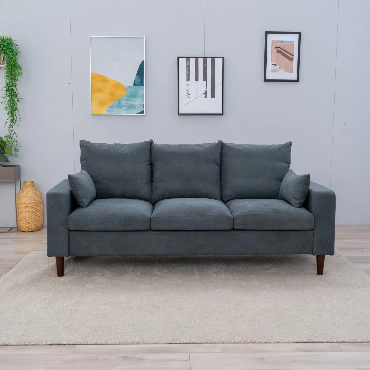 Panana Upholstered Modern Sofa Couch For Living Room, Grey Linen Fabric With 2 Small Pillows And Wooden Legs, 3 Seater Sofa