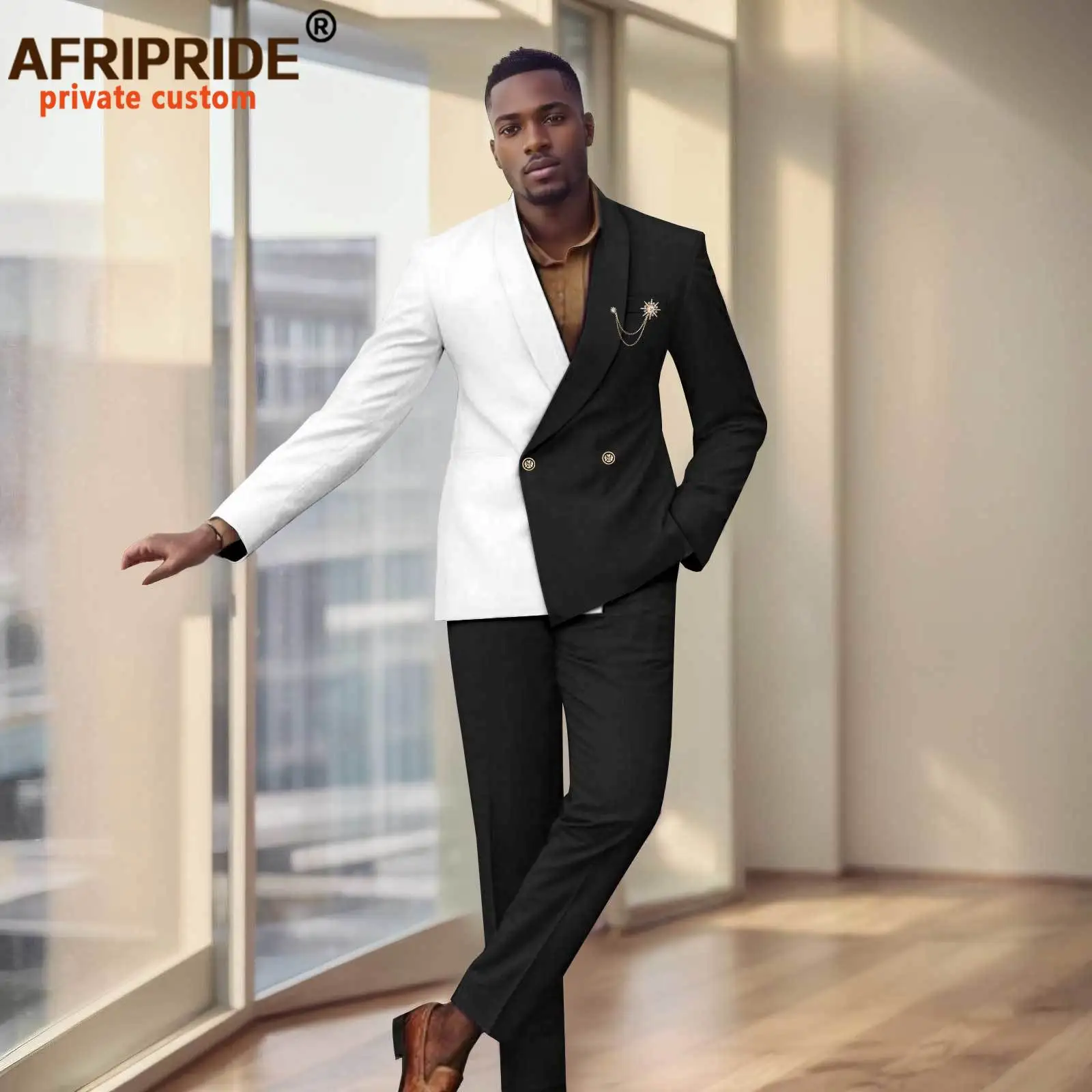 African Suit for Men Two Buttons Brooch Slim Fit Jacket and Trousers 2 Piece Set African Clothing for Wedding 2516038