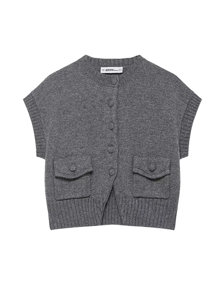 

HH Woman Fashion Casual Slim Knitted Tops Solid Pocket Decoration Single Breasted Female Spring O-Neck Sleeveless Sweater Vests