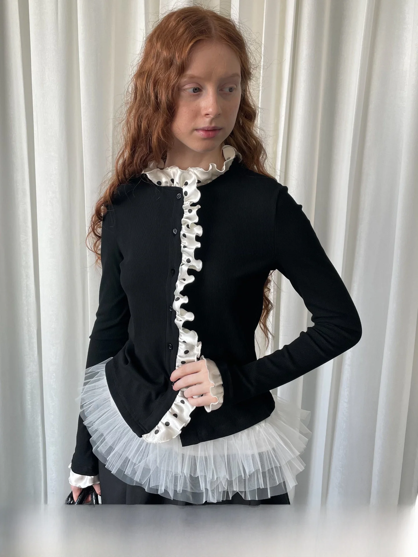 

Женский вязаный кардиган с длинными рукавами, облегающий, с узором в горошек, кружевной отделкой, свободного кроя, для девушек