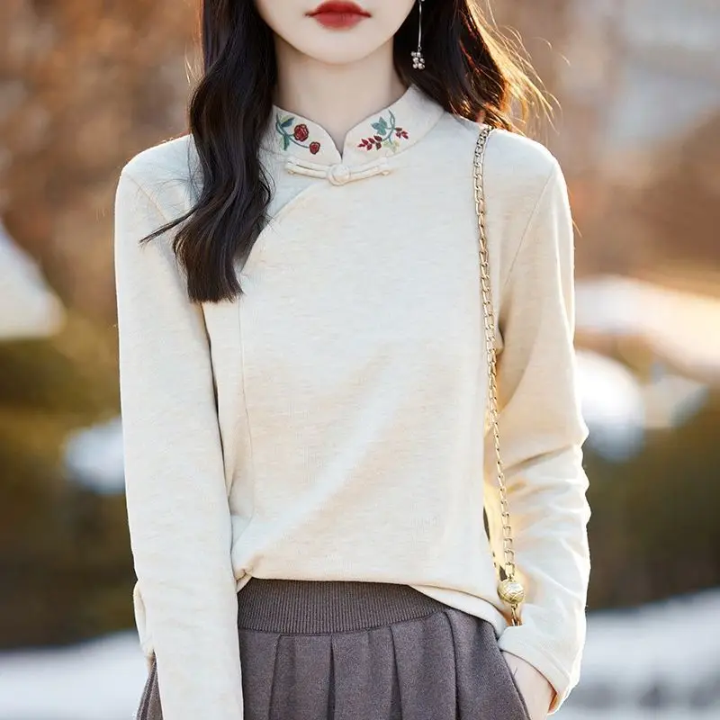 

New Chinese Style Embroidered Long Sleeve Stand Collar Slim Fit Base Shirt Women's Fashionable Inner Wear Outerwear Top