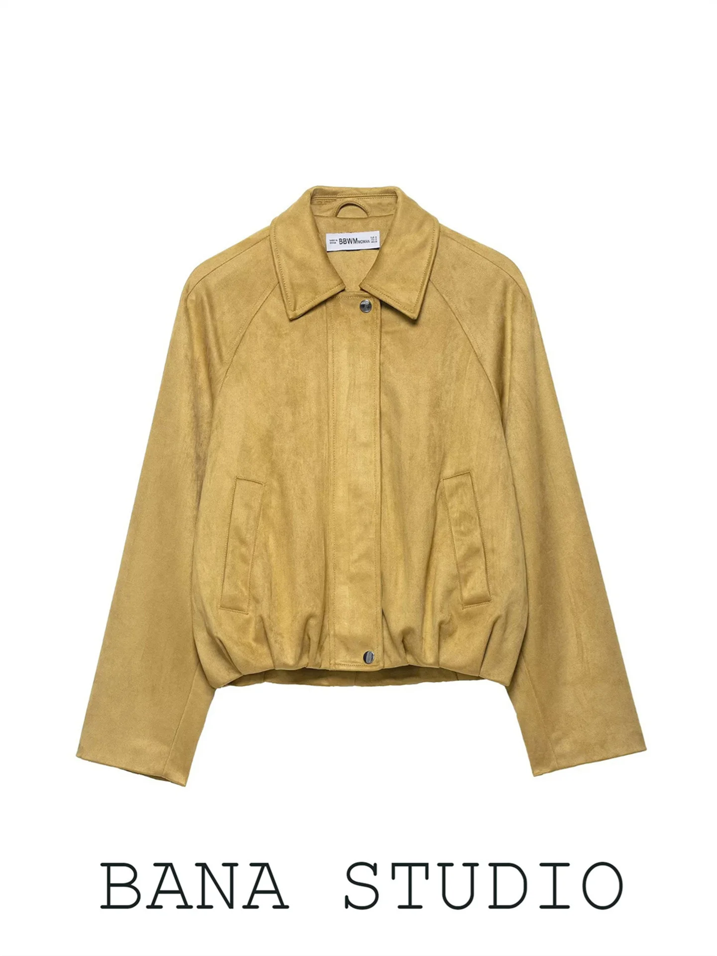 

BANA Women's ort Biker Jaet Yellow Suede Surface Flip Collar Pilot Coat Casual Sle Stand Fit Polyester Long Sve
