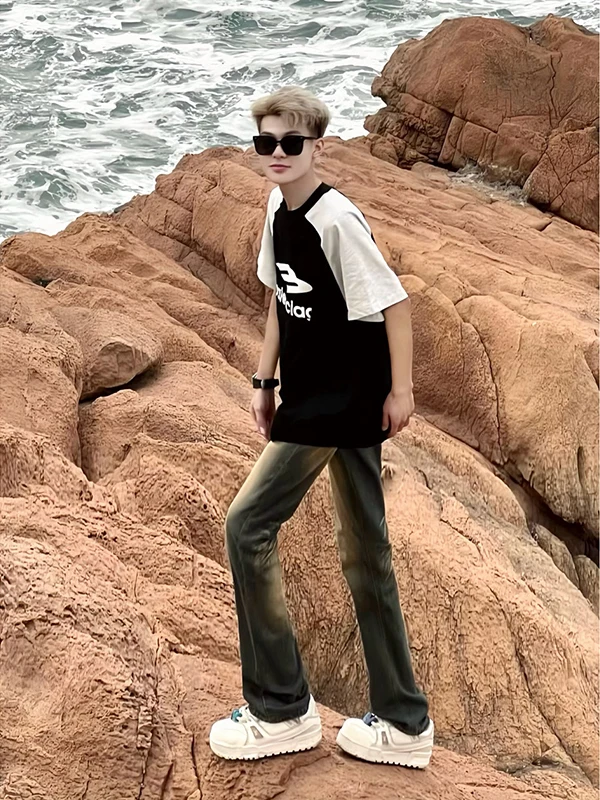 الرجعية الأمريكية Waed الأصفر الطين الجينز الرجال الصيف رقيقة شارع العليا فيبي السراويل ضئيلة طويل القامة النسخة الضيقة مايكرو متوهج الجينز #4