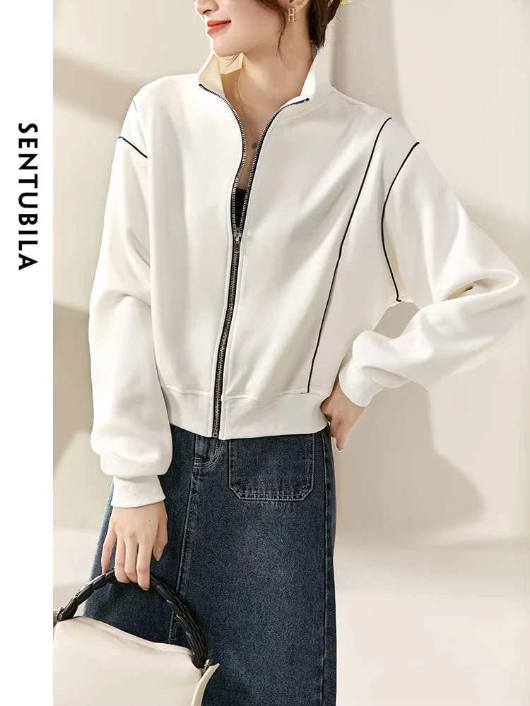 SENTUBILA Casual Cropped Jacket Women Spring Autumn Fashion Loose Stand Collar Jackets Top Zippers Female White Coats 131W45929