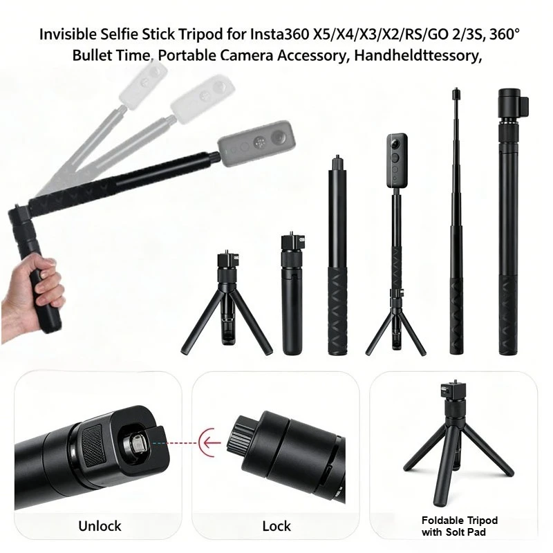 인스타360 X5/X4/X3/X2/RS/GO 2/3S, 360용 투명 셀카봉 삼각대 ° 불릿 타임, 휴대용 카메라 액세서리, 핸드헬드 모노포드