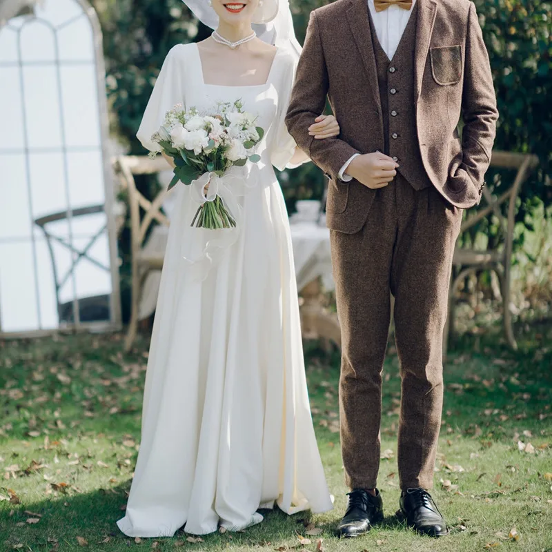 

Light Wedding Dress With Square Collar And Forest Style Super Fairy Bubble Sleeves Slimming And Welcoming Small Tail Customized