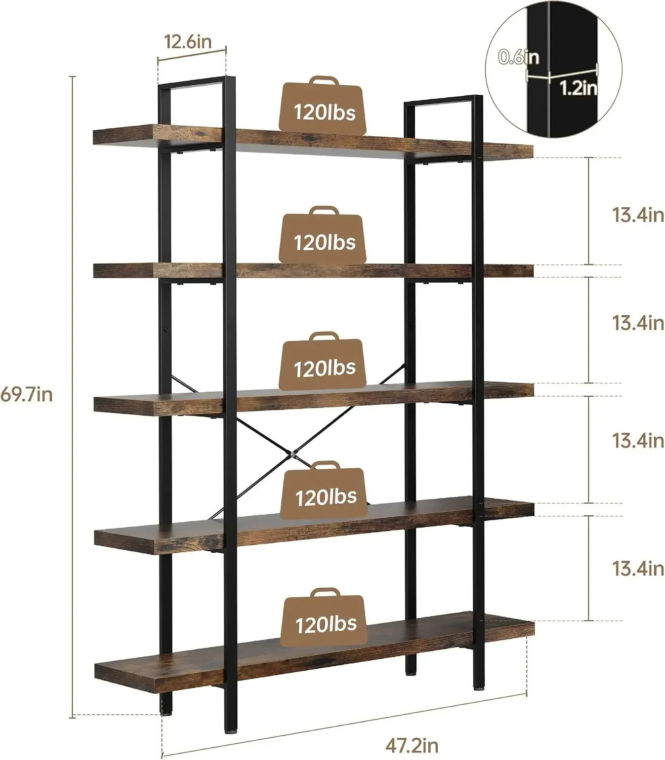 Bookshelf Set of 2, Heavy Duty 5-Tier Industrial Bookcase, 47