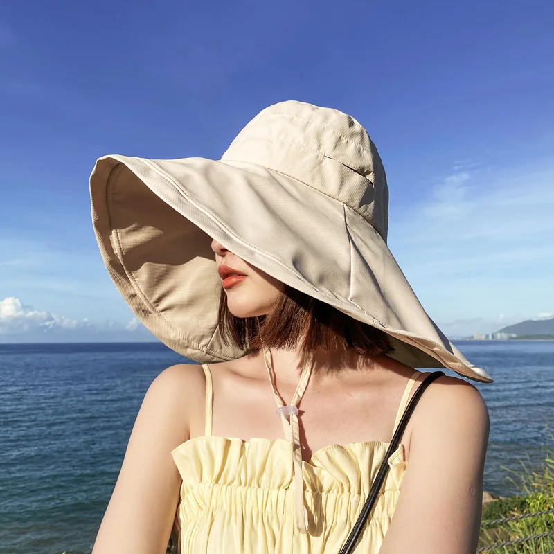 Sombrero de sol de ala grande de 18cm a la moda con cuerda para mujer, protección UV, gorra de pescador para exteriores para mujer, sombrero de