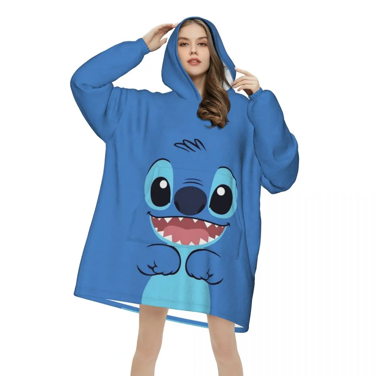 Cute Stitch Wearable Blanket Hoodie for Women Men Winter Warm Oversized Sweatshirt Blanket with Pocket