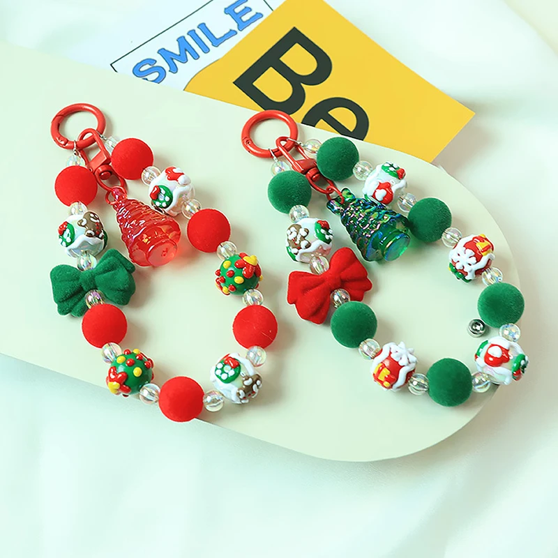 Anti Loss Mobile Phone Chain Cute Hand Drawn Plush Beaded Christmas Tree Pendant Bag Decoration