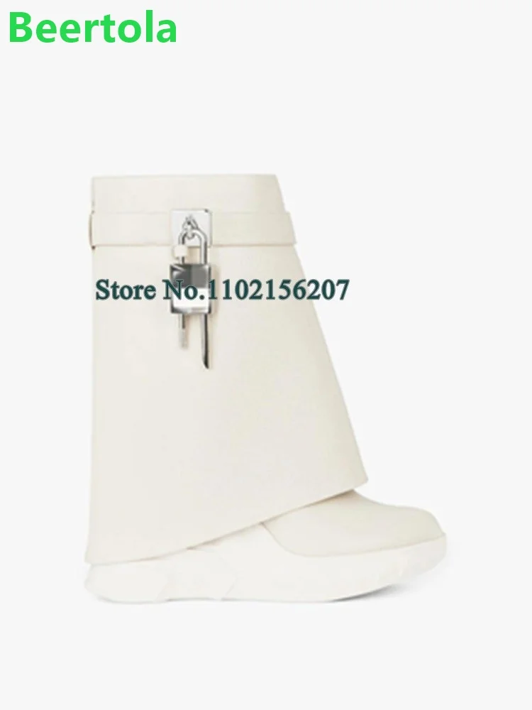 Thick Sole Lock Luxury Design Shark Boots For Female 2024 New Round Toe Mid-calf Fashion Runway All-match Hot Sale Shoes